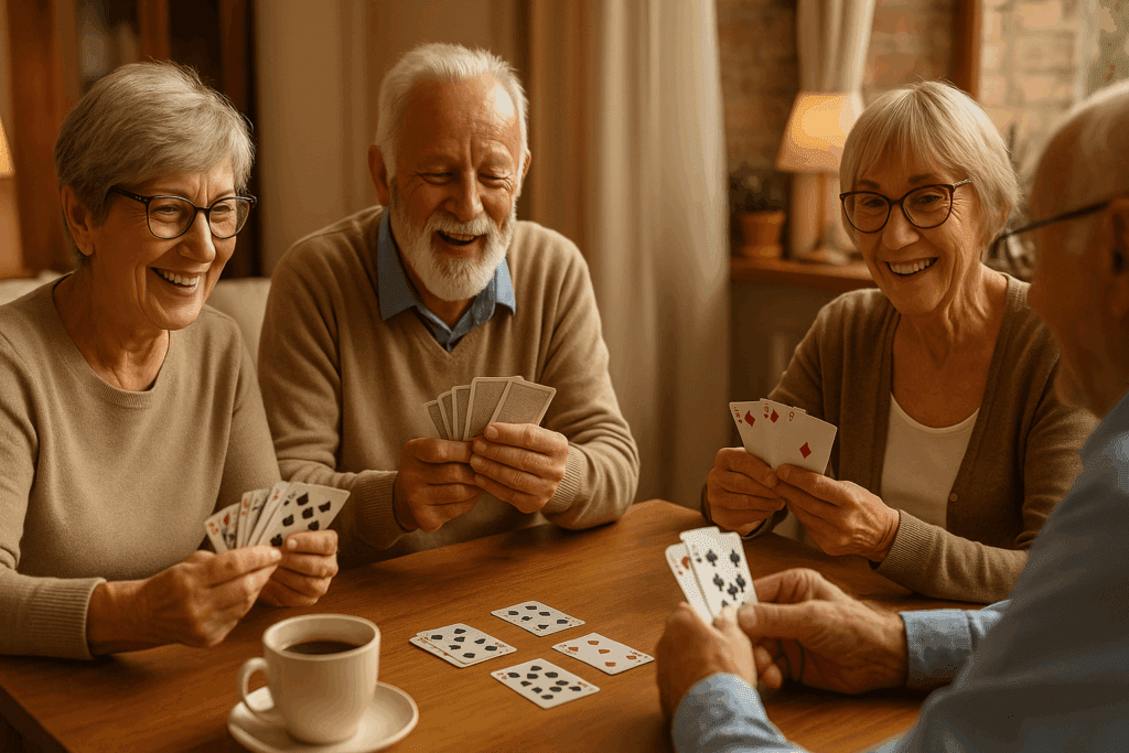 An elderly couple enjoying a cozy card game in a warm living room, playing one of the best memory games for seniors like Rummy or Bridge, surrounded by coffee cups and scattered cards.