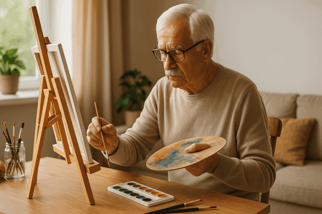 Elderly man painting at a wooden table, deeply focused on a colorful art project. His activity promotes cognitive engagement, offering a fun and relaxing way for seniors to exercise their minds. This is a great example of best memory games for seniors.