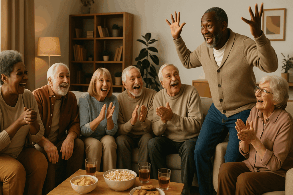 Seniors laughing and playing charades together in a cozy living room, showing the best memory games for seniors that boost cognitive health and social connection.