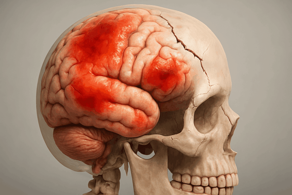 3D medical illustration showing brain trauma rehabilitation details with visible swelling, skull fracture lines, and injured brain tissue