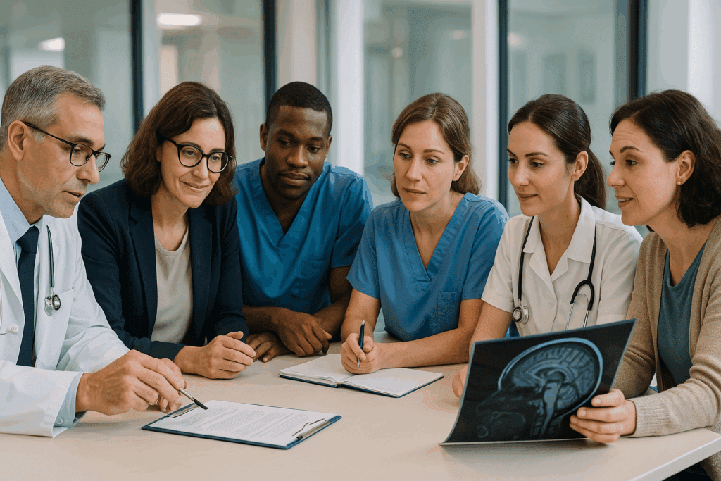 Multidisciplinary medical team collaborating on a patient’s brain trauma rehabilitation plan in a modern hospital setting.