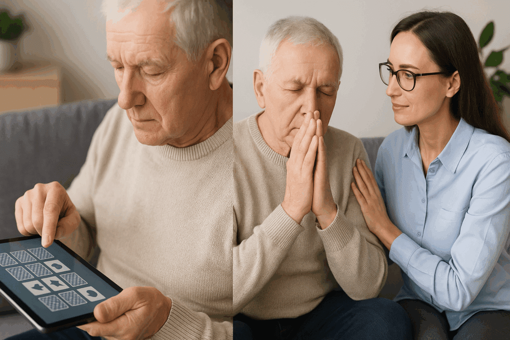 Older man practicing memory exercises on a tablet alongside a mindfulness therapy session as part of brain trauma rehabilitation.