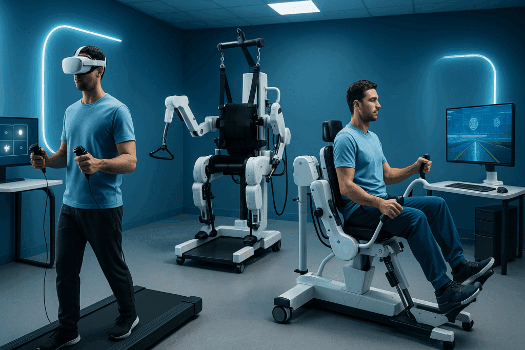 Futuristic therapy room with patients using virtual reality headsets, robotic-assisted devices, and cognitive stations for brain trauma rehabilitation.