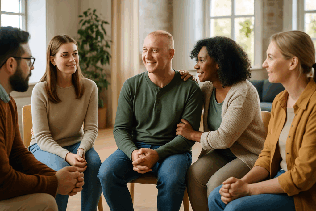 Support group session for brain trauma rehabilitation, with a survivor connecting with others in a bright, welcoming community space.