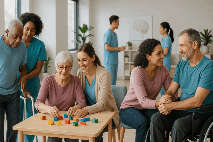 Diverse group of patients and therapists participating in brain trauma rehabilitation activities in a bright, modern recovery center.