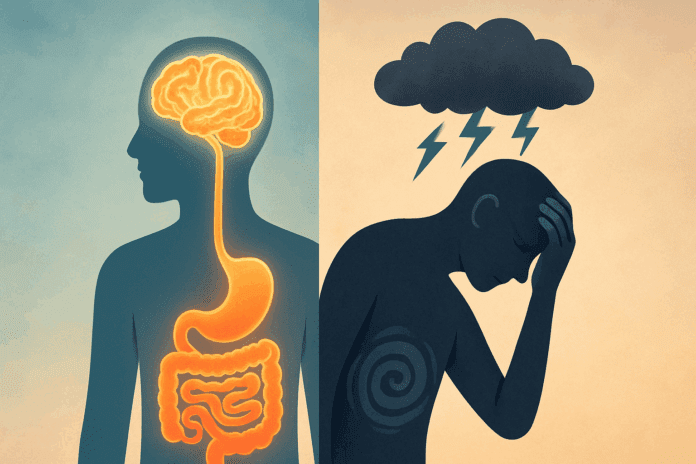 Human silhouette split into two halves, illustrating how emotional stress affects the gut-brain axis, conceptualizing can anxiety cause stomach pain.