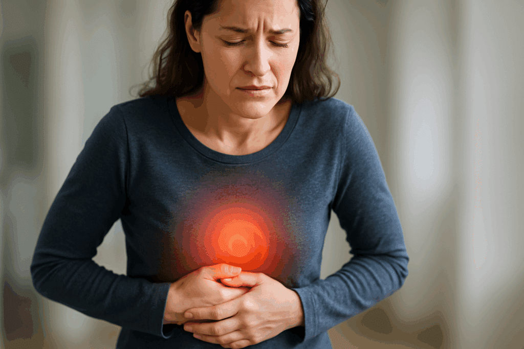Person clutching their upper abdomen with a distressed expression, symbolizing how can anxiety cause stomach pain.