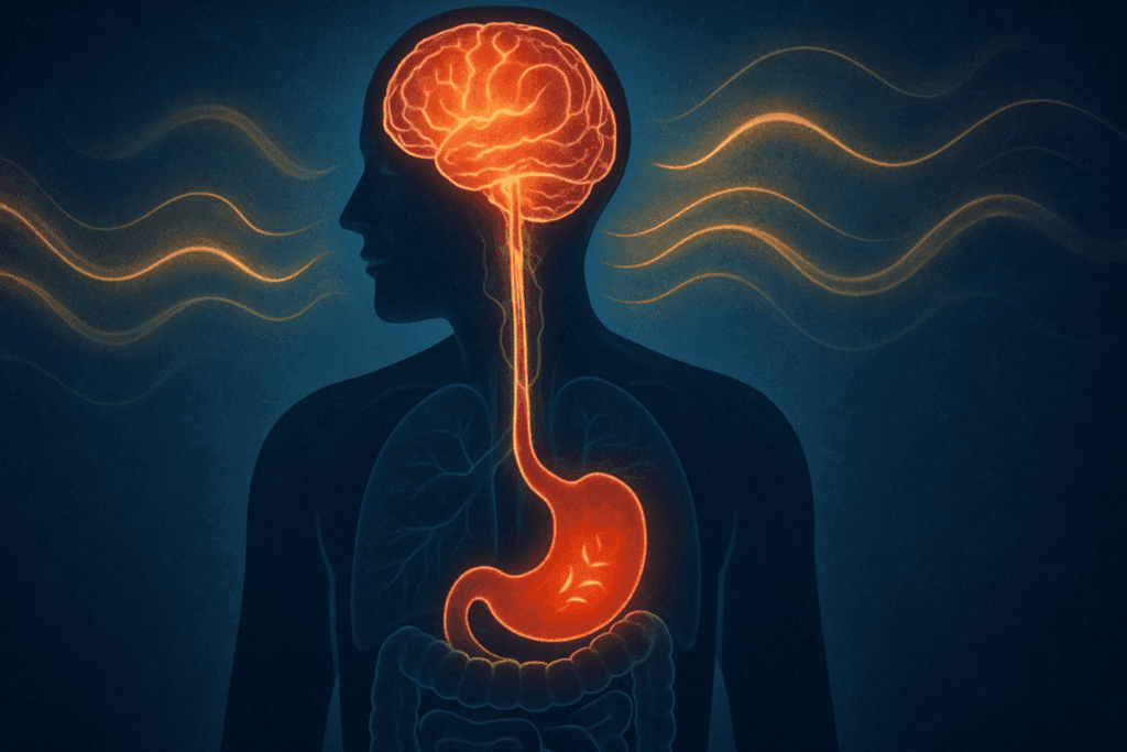 Scientific illustration of stress signals from brain to inflamed stomach, depicting the physiological answer to can anxiety cause stomach pain