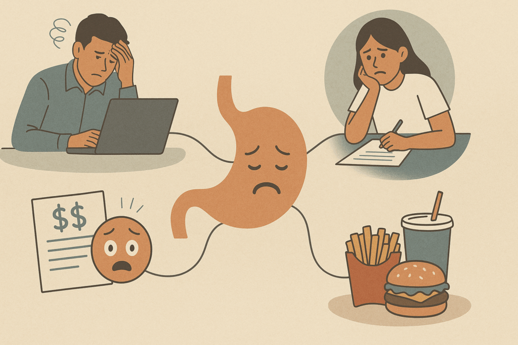 Stressed office worker, anxious student, financial worries, and unhealthy fast food all connecting to a sad stomach, illustrating can anxiety cause stomach pain.