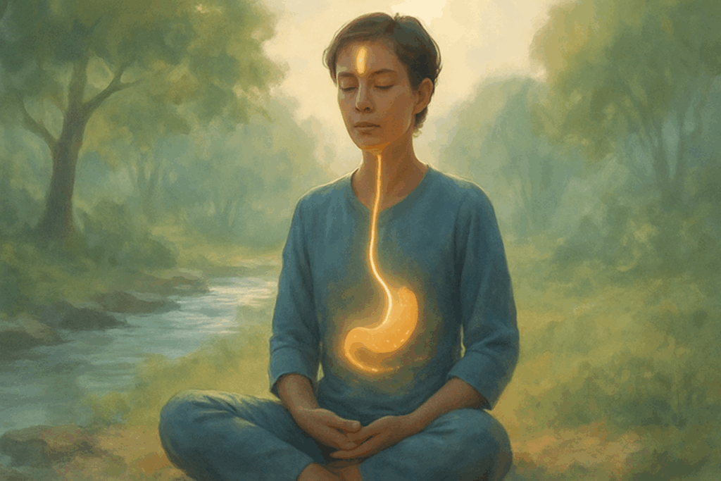 Person meditating by a river with glowing gut-brain connection showing how can anxiety cause stomach pain naturally.