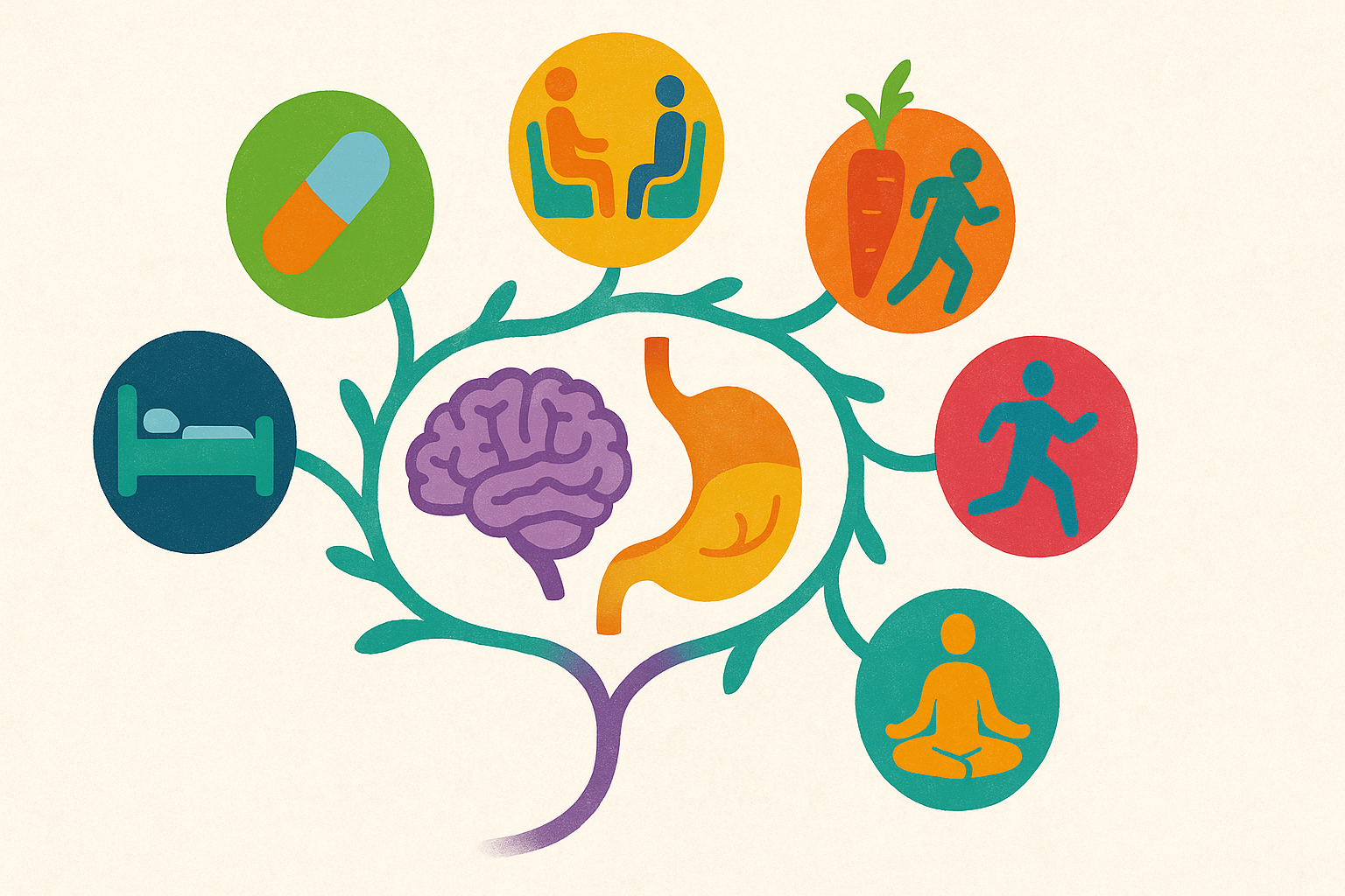 Colorful conceptual diagram showing gut-brain connection with icons for therapy, healthy diet, exercise, mindfulness, sleep, and medication, illustrating how can anxiety cause stomach pain.