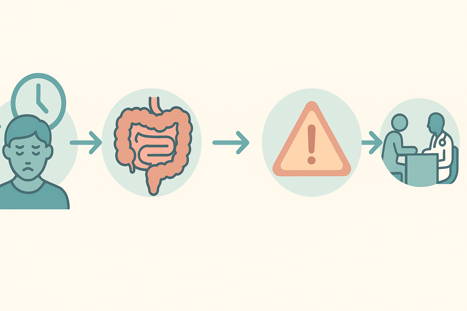 Progressive infographic showing how can anxiety cause stomach pain, starting with stress, leading to gut issues, inflammation, and medical consultation.
