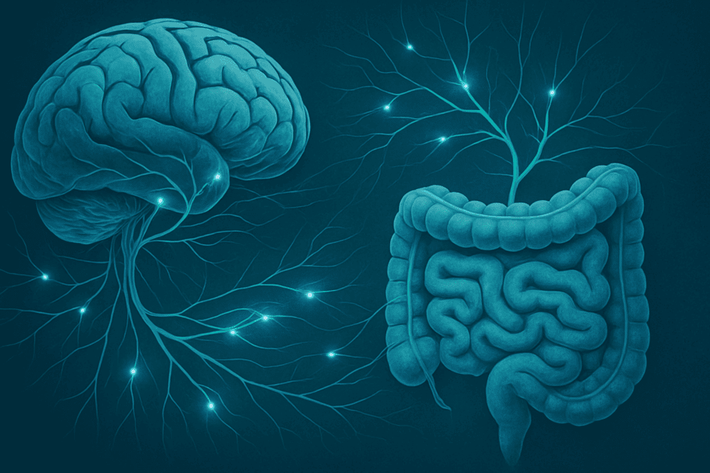 Artistic illustration of the gut-brain axis showing neural pathways linking brain and intestines, highlighting how can anxiety cause stomach pain.