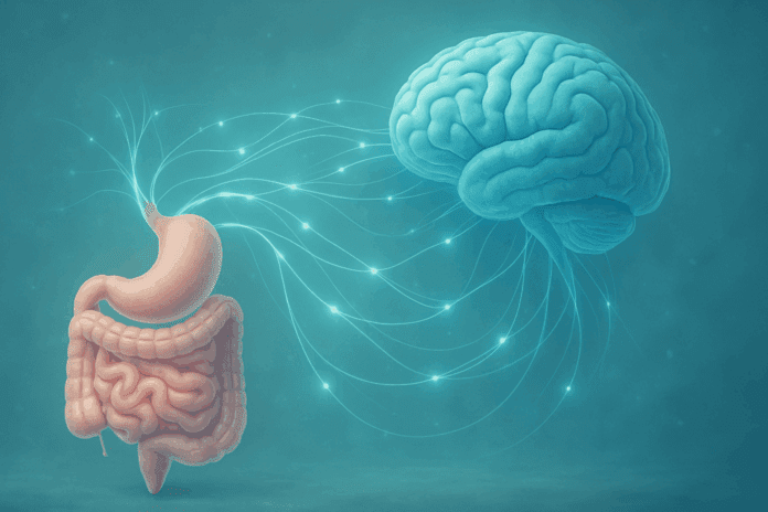 Conceptual illustration of the gut-brain axis showing glowing neural pathways between the digestive system and brain, symbolizing how gut health may impact mental states, relevant to the question can leaky gut cause anxiety.