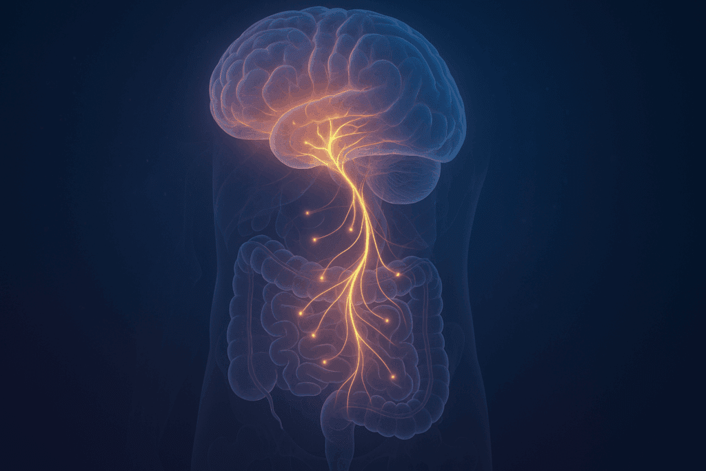 Futuristic anatomical illustration showing the vagus nerve linking brain and intestines, visualizing how gut-brain communication may explain can leaky gut cause anxiety