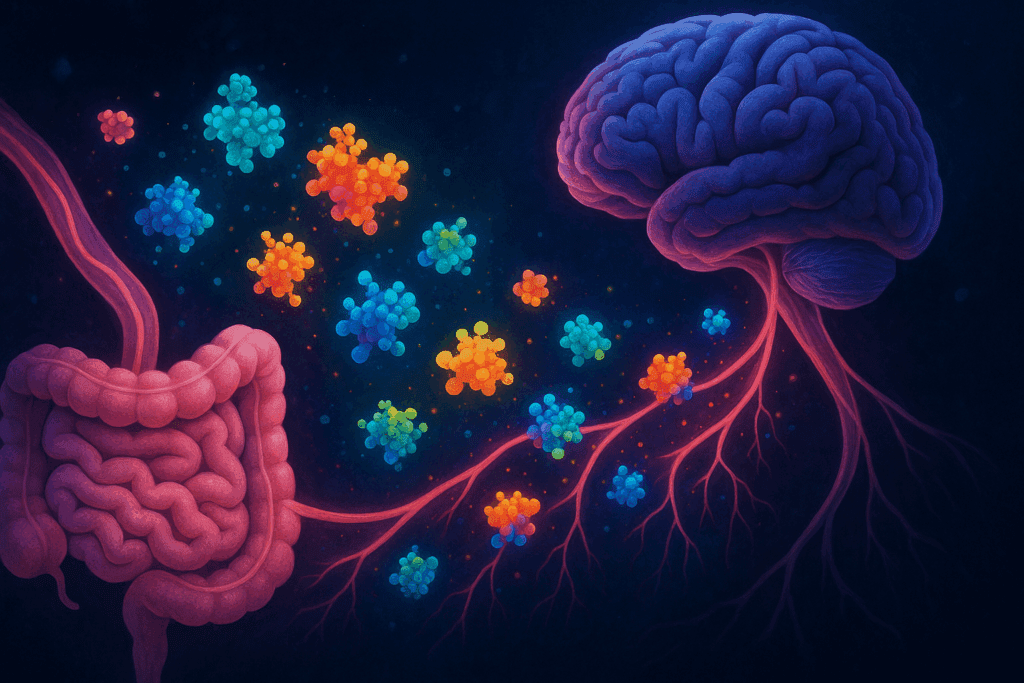 Colorful cytokines traveling from intestines to brain, visualizing how inflammation may explain the question: can leaky gut cause anxiety.