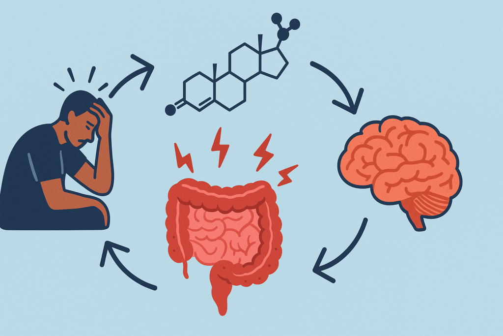 Infographic showing the cycle of psychosocial stress triggering cortisol release, damaging gut lining, and worsening brain health—illustrating how can leaky gut cause anxiety.