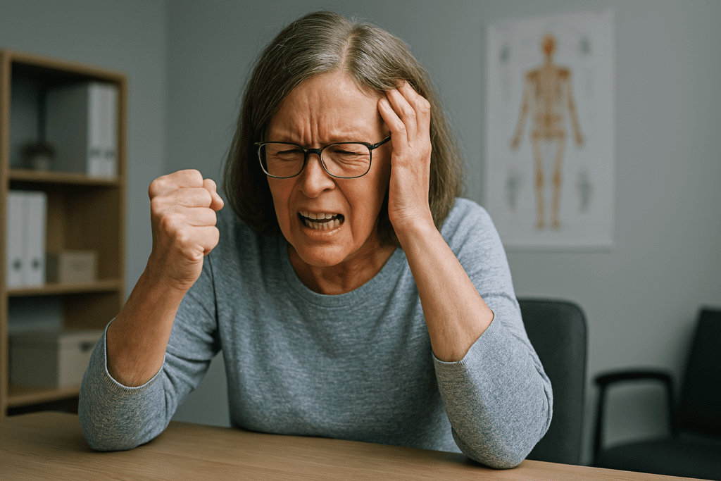 A middle-aged woman with graying hair sits in a clinical office setting, her face contorted in visible anger as she clenches her teeth, presses one hand to her head, and raises the other in a tense fist. The cool fluorescent lighting and sterile background underscore the emotional volatility sometimes seen in dementia-related aggression.