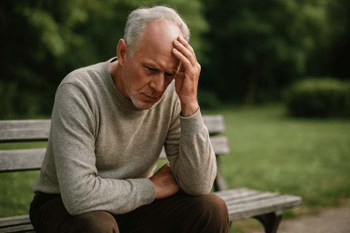 An elderly man with dementia sits alone on a weathered wooden park bench, surrounded by soft greenery in an outdoor setting. The natural morning light and his slouched, contemplative posture highlight the emotional toll of cognitive decline, capturing the theme of dementia and aggression through solitude and visible distress.