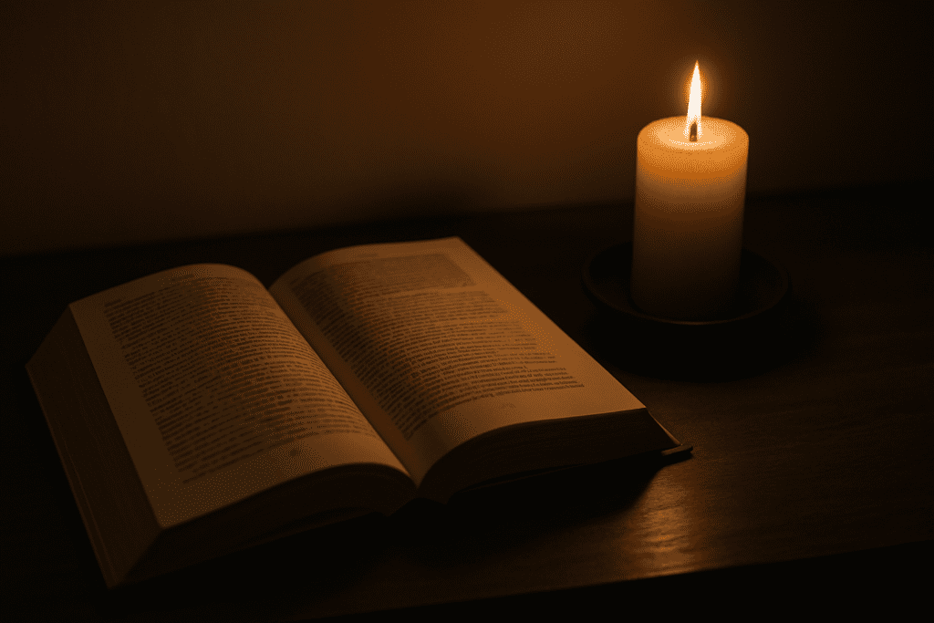 An open hardcover book rests beside a flickering candle on a dark wooden table in a dimly lit room, evoking quiet reflection and emotional intensity. The warm candlelight casts gentle shadows, symbolizing the introspective and sometimes dark nature of dementia and violence in the elderly.