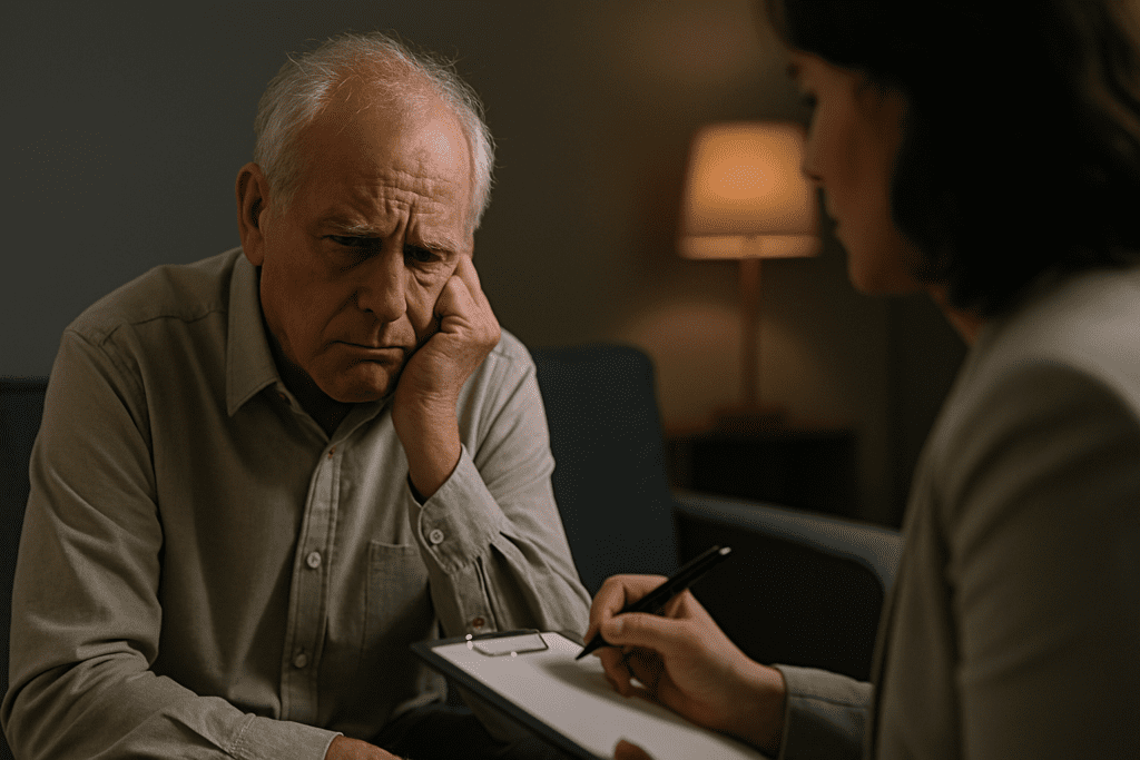 An elderly man with thinning white hair sits in a softly lit therapy room, his expression somber and reflective as he engages in a session with a female therapist whose blurred profile and clipboard suggest active listening. The calm indoor setting and subdued emotion capture the complexity of dementia-related aggression and the importance of supportive intervention.