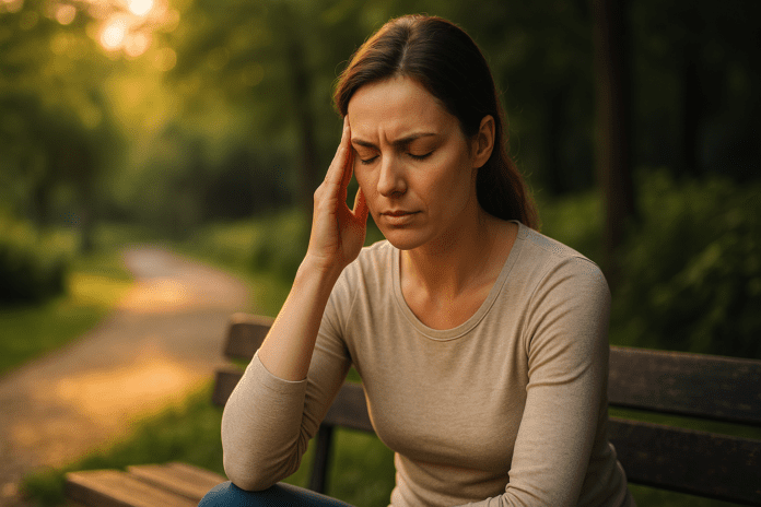 A young woman sits alone on a weathered wooden bench in a quiet park, bathed in warm late-afternoon sunlight. Her relaxed yet contemplative posture, with one hand gently supporting her temple, reflects the emotional theme of stress relief and inner calm associated with L-theanine’s effects on cortisol. The soft, natural light filtering through the trees creates a peaceful ambiance, reinforcing the connection between outdoor tranquility and natural strategies for managing cortisol and supporting brain longevity.