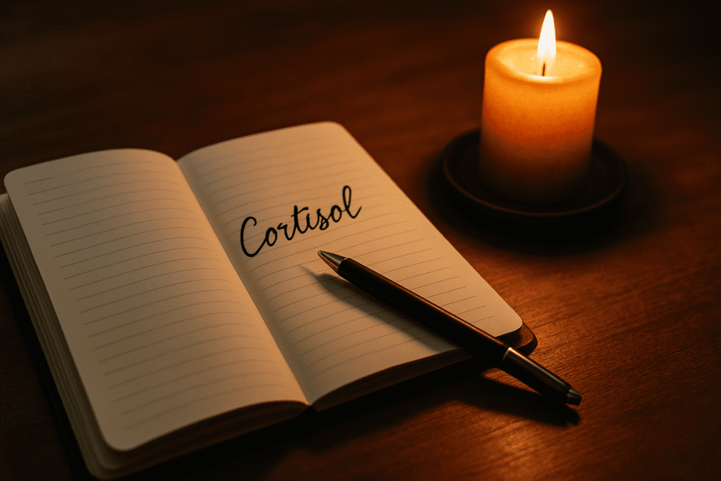 An open notebook lies on a smooth wooden table, illuminated by the soft, warm glow of a flickering candle beside it. The word “Cortisol” is handwritten in elegant cursive across the page, subtly anchoring the theme of stress and hormone regulation. A glossy pen rests nearby, symbolizing reflection and personal tracking of stress responses. The intimate, low-light environment evokes calm introspection, visually reinforcing the therapeutic role of L-theanine in managing cortisol levels and supporting mental clarity.