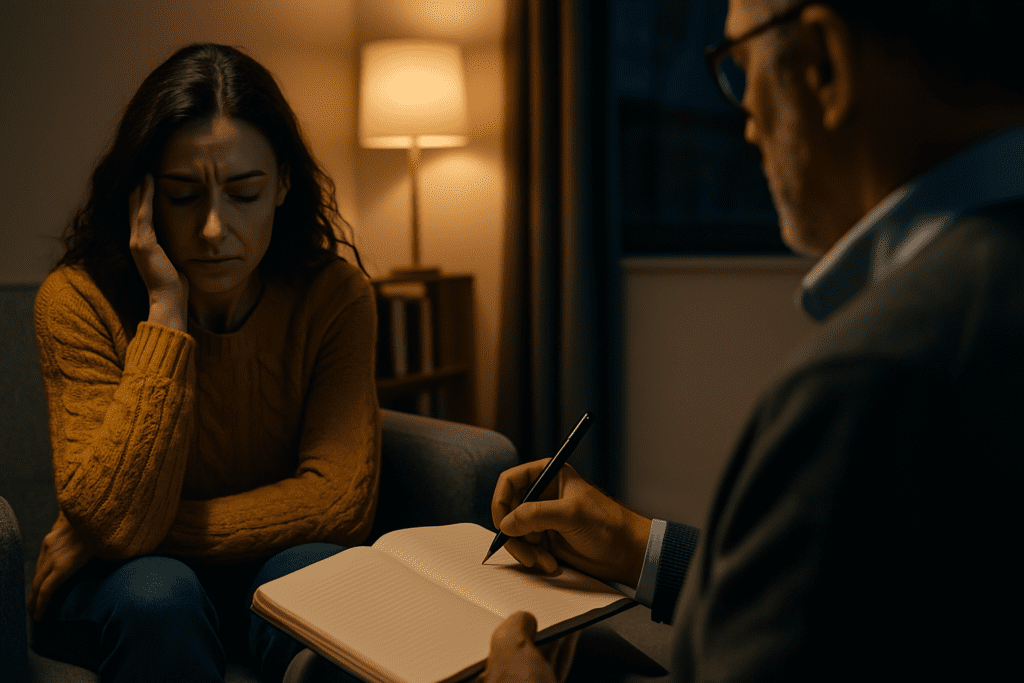 A woman sits on a textured couch in a dimly lit therapy room, intently journaling while wearing a mustard sweater that contrasts with the muted tones of her surroundings. Her furrowed brows and focused posture convey emotional processing, as a partially visible older therapist observes attentively from across the room. The soft glow of a floor lamp casts warm light against the backdrop of cool evening shadows, creating a mood that suggests introspection and psychological healing. This scene visually captures the therapeutic potential of L-theanine in supporting cortisol regulation during stress recovery and emotional work.