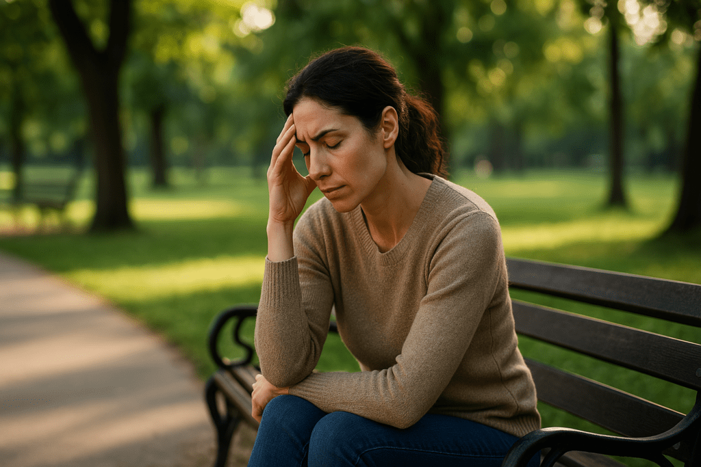 A woman in her 30s sits quietly on a wooden park bench, eyes closed and face serene, surrounded by lush greenery softly lit by the golden glow of late afternoon sunlight. The filtered light through dense tree branches casts gentle patterns on the ground, creating a contemplative, nature-immersed atmosphere. Her relaxed posture and meditative stillness visually reflect the calming effects of natural compounds like L-theanine on cortisol-driven stress. The scene powerfully symbolizes the harmony between environmental serenity and internal biochemical balance in support of brain longevity.