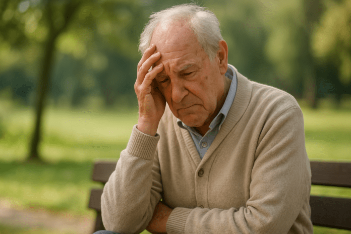 An elderly man in his late 70s sits alone on a wooden bench in a sunlit park, resting his hand on his temple with a contemplative expression. The soft-focus greenery in the background and natural morning light convey a reflective mood, visually reinforcing the theme of understanding the dementia umbrella and its emotional impact.