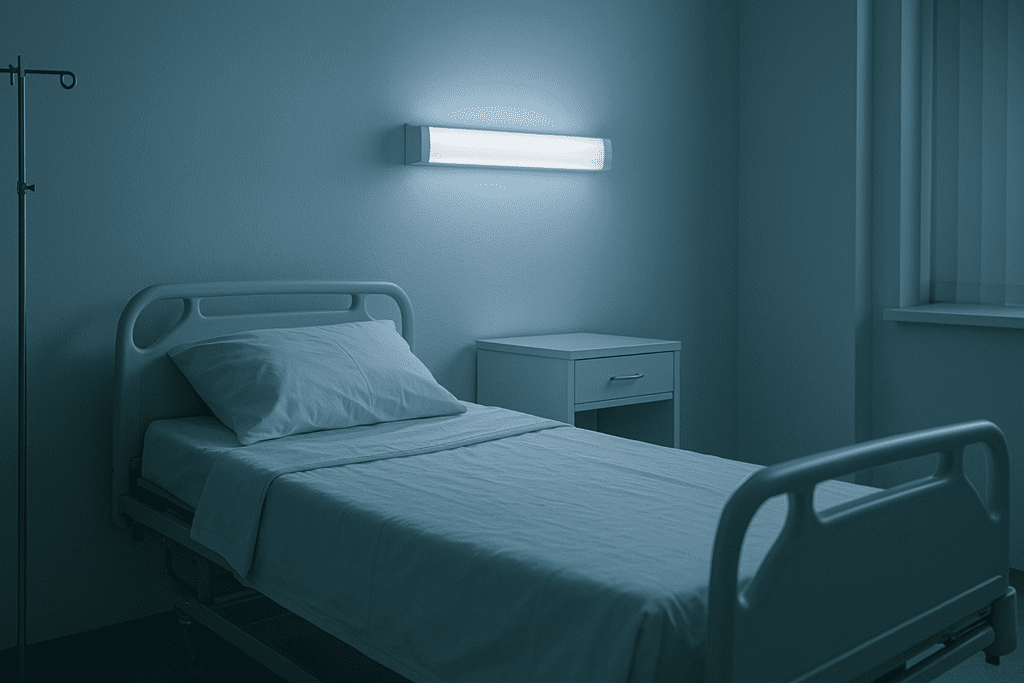 An empty hospital room is lit by cool fluorescent lighting, with a single metal-framed bed covered in white sheets positioned near a blank gray wall. The sterile, minimal setting and absence of personal items evoke a clinical atmosphere that reflects the diagnostic and medical side of the dementia umbrella, especially conditions like Alzheimer’s disease.