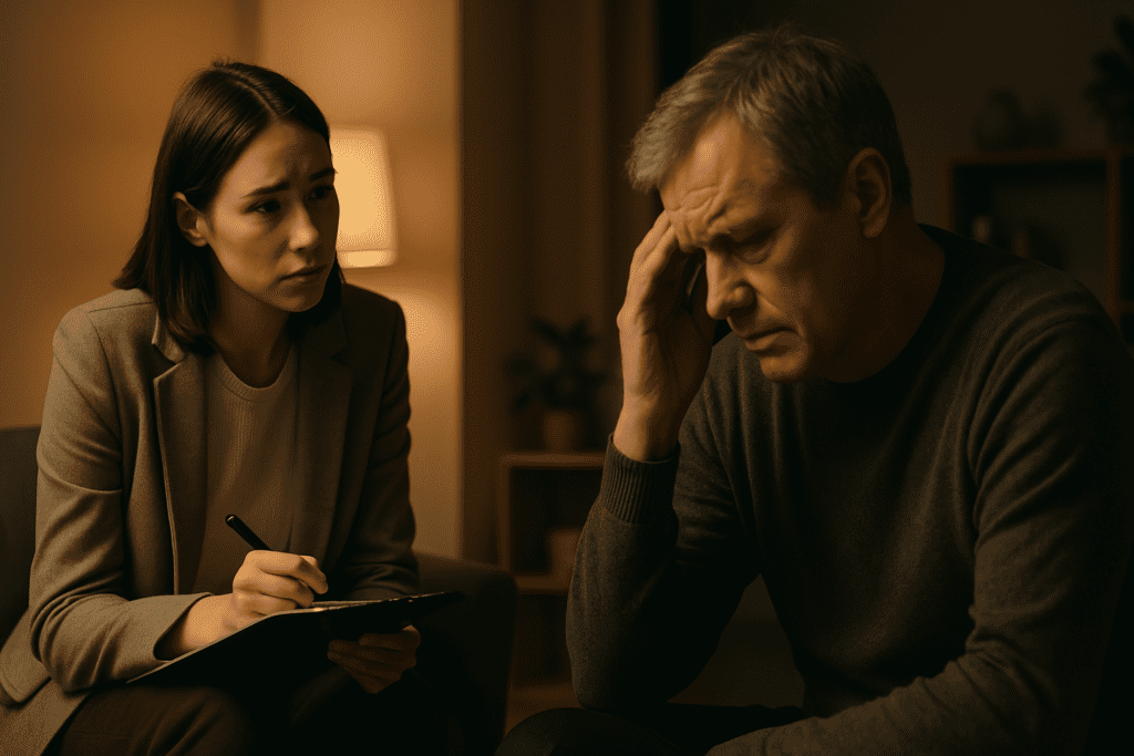 A young female therapist sits attentively across from an older male patient in a softly lit therapy room, gently leaning forward with a clipboard as the man holds his head in visible distress. The warm ambient lighting and empathetic interaction highlight the emotional challenges tied to the dementia umbrella, emphasizing the importance of therapeutic support for individuals facing Alzheimer’s and related conditions.
