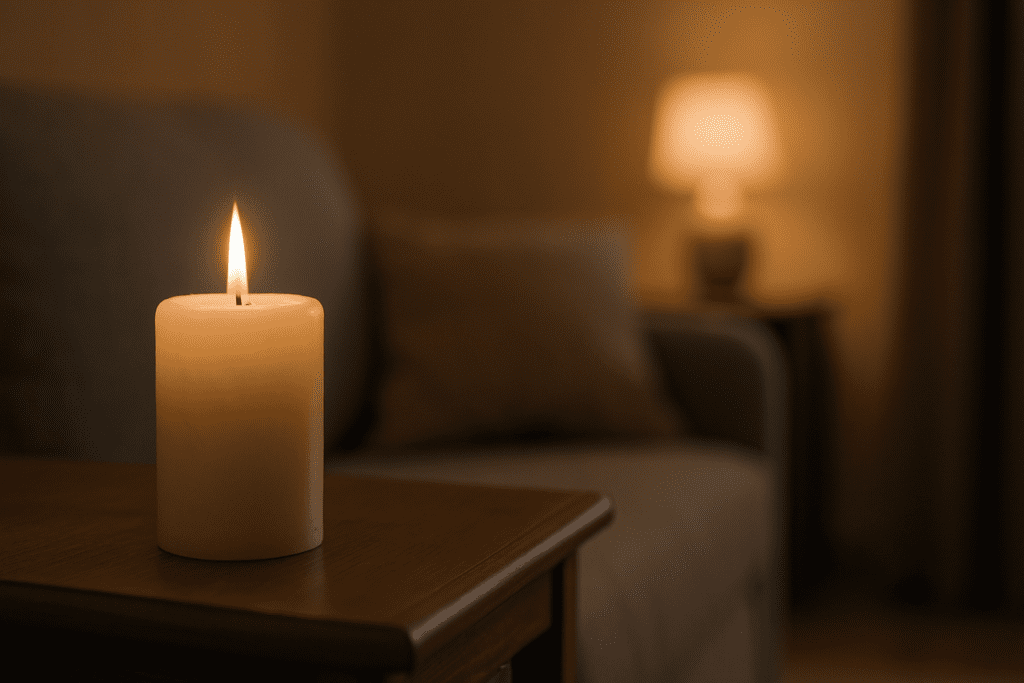 A lit ivory pillar candle sits on a wooden side table in a warmly lit room, casting a soft, flickering glow that enhances the tranquil atmosphere. The blurred background, featuring a cushioned chair and lamp, evokes themes of memory, solitude, and contemplation often associated with the dementia umbrella.