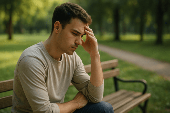 A photograph captures a young man with short, dark hair sitting alone on a wooden bench in a quiet park, surrounded by lush greenery. Bathed in soft morning light, his relaxed yet reflective posture and downward gaze convey a sense of calm introspection, visually reinforcing the theme of natural Vyvanse alternatives for adults seeking focus and long-term brain health through mindful, stimulant-free practices.