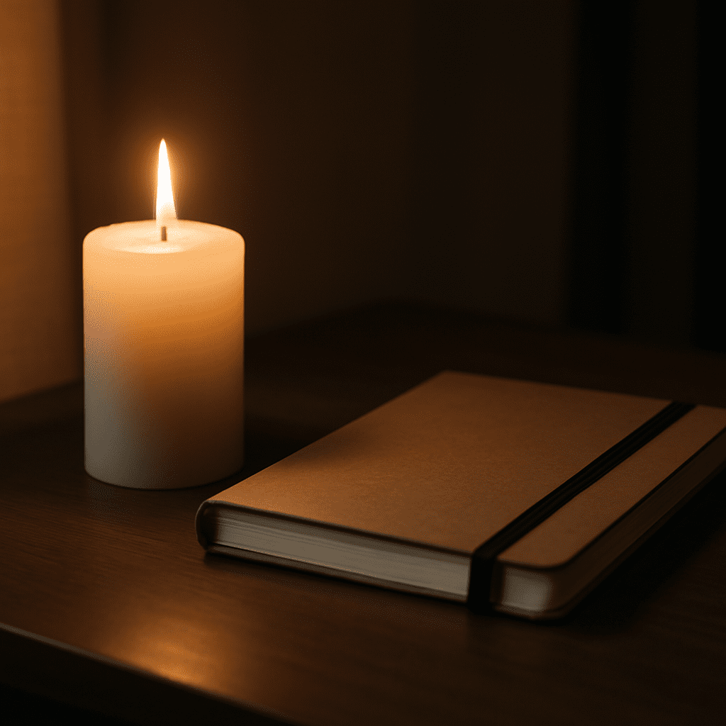 A photograph shows a lit white pillar candle and a closed brown journal with a black elastic strap resting on a dark wooden table, softly illuminated by warm ambient indoor light. The gentle flicker of the candlelight casts soothing shadows across the scene, symbolizing natural focus and reflective practices — core to the theme of science-backed alternatives to Vyvanse for adults aiming to enhance cognitive clarity and brain longevity without stimulants.