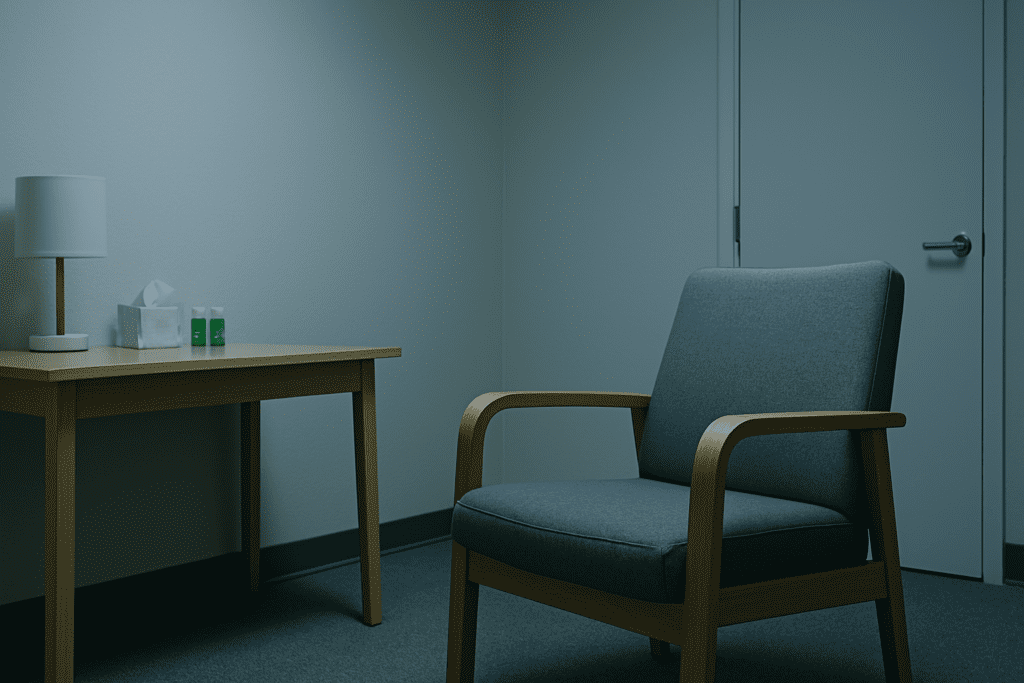A photograph captures an empty counseling or therapy room lit by cool fluorescent lighting, featuring a single light wood armchair with gray upholstery positioned beside a simple desk. Minimalist decor—including a tissue box, green glass bottles, and a white lamp—creates a serene, clinical atmosphere that visually supports the article’s theme of natural Vyvanse alternatives, suggesting structured, non-stimulant approaches like therapy for enhancing focus and long-term brain health in adults.