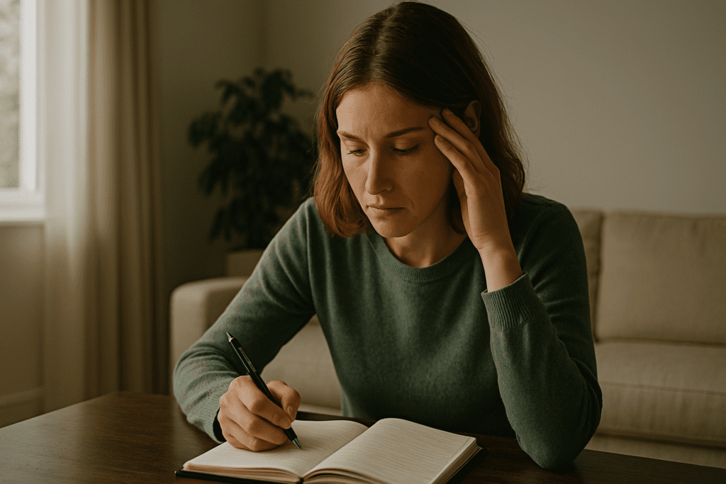 A photograph captures a young woman with shoulder-length light brown hair seated at a dark wooden table, intently focused on writing in a spiral notebook. Wearing a muted green sweater and resting her hand on her temple, she appears deep in concentration as soft morning light streams through a nearby window, subtly highlighting the peaceful, home-like setting — reinforcing the theme of natural Vyvanse alternatives that support adult focus and long-term brain health through calm, stimulant-free routines.