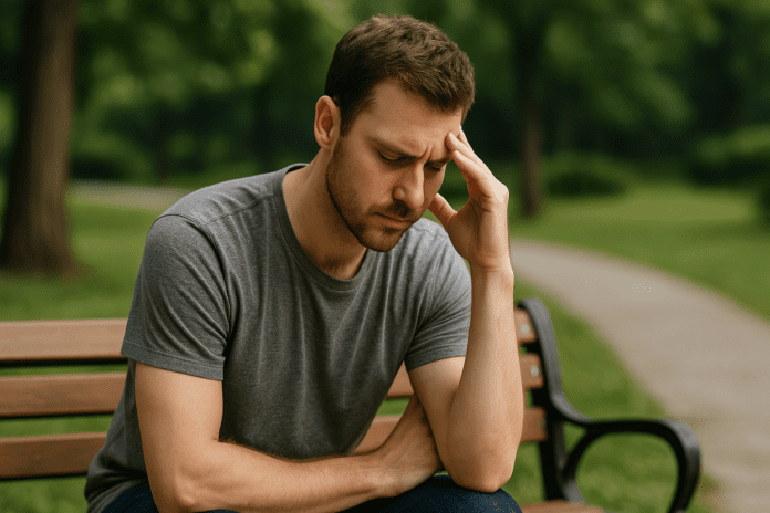 A young Caucasian man sits alone on a park bench in daylight, pressing his hand to his forehead with a pensive expression. Surrounded by greenery and soft natural light, the setting suggests contemplation about brain supplements like Focus Factor and Alpha Brain, visually reinforcing the theme of cognitive enhancement and mental clarity.