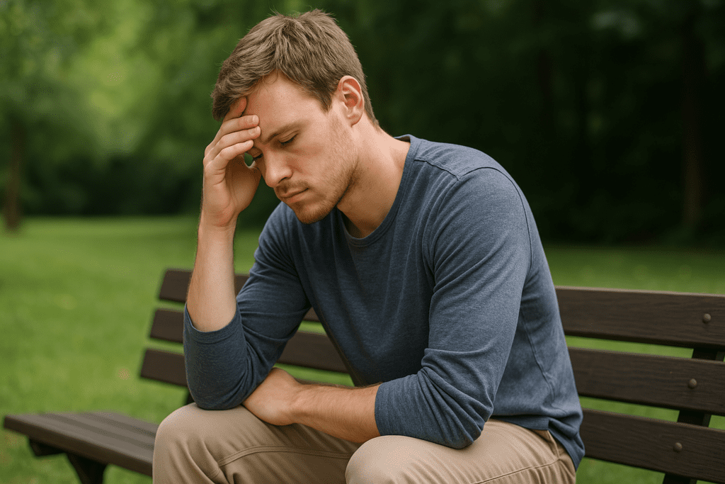 A young man in his twenties appears deep in thought while seated on a park bench under dappled sunlight, wearing neutral-toned casual clothing. The serene outdoor environment and introspective posture subtly convey the theme of assessing mental performance and the potential benefits of focus supplements.