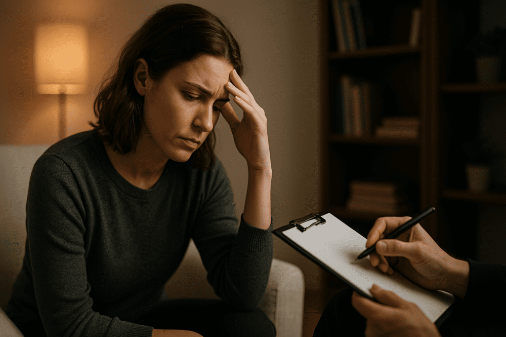A focused woman sits in a softly lit therapy office, her hand resting on her forehead as she listens intently during a session. The warm tones and reflective pose directly support the article’s theme of examining cognitive support options such as Focus Factor versus Alpha Brain, especially in relation to mental fatigue or focus struggles.