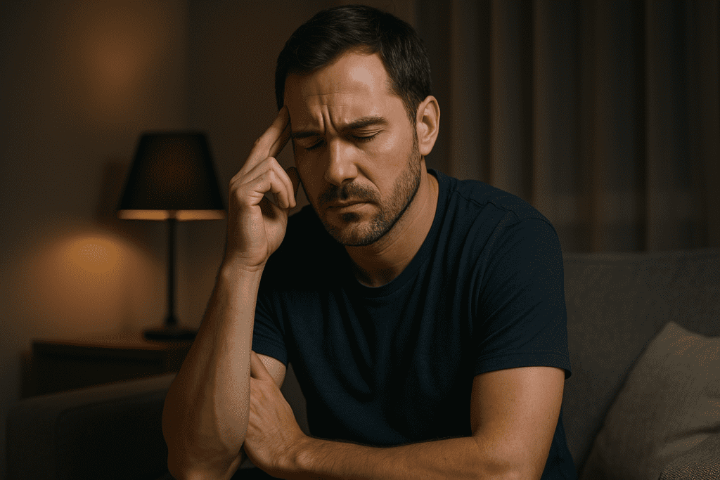 A light-skinned man in his thirties sits on a couch at night in a dimly lit room, visibly stressed with a hand to his temple. The moody, high-contrast lighting and quiet indoor scene emphasize cognitive strain, illustrating the potential reasons someone might turn to focus-enhancing supplements.