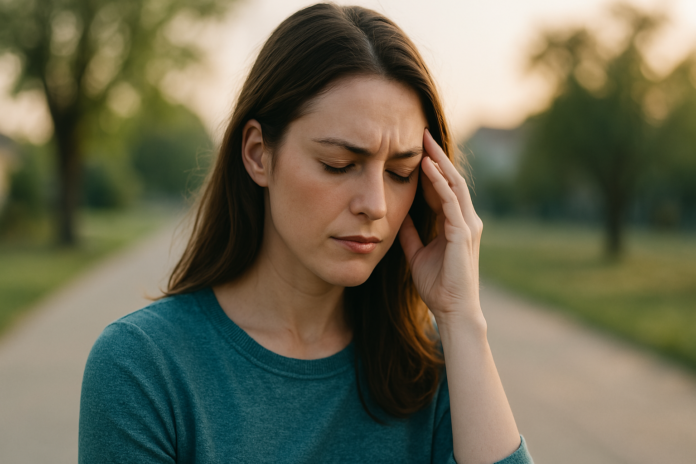 A young woman stands alone in a quiet outdoor setting at dawn, her eyes closed and hand resting on her temple in a moment of introspection. Soft morning light filters through nearby trees, emphasizing the emotional connection between cognitive reflection and mental well-being.
