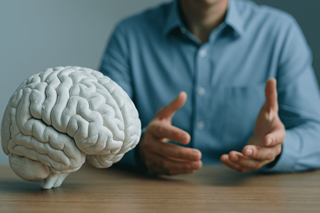 A detailed white anatomical brain model sits on a wooden surface with a person’s hands subtly nearby, set against a cool, clinical background. This symbolic visual emphasizes the role of cognitive functions in shaping psychological health and rational thinking.