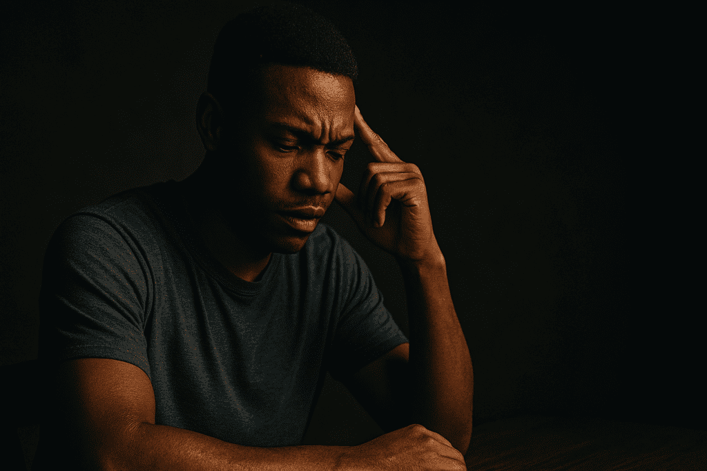 A young man in deep thought sits in a shadowed room under dramatic, moody lighting, his fingers gently pressing to his temple. The powerful contrast of light and shadow reflects the internal struggle and depth of cognitive processing in mental health.