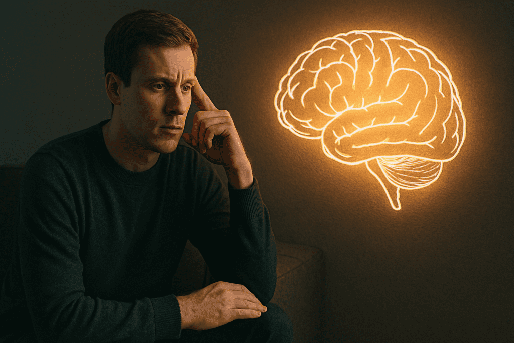 A young man with light brown hair sits quietly on a dark gray couch, gazing intently at a glowing brain illustration projected on the wall. The cool-toned room contrasts with the warm illumination of the brain, symbolizing focused cognition and the impact of thought on mental health.