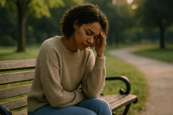 A young woman sits alone on a wooden park bench during early morning light, wearing a beige sweater and jeans. The soft golden sunlight and natural greenery create a peaceful setting that visually supports the theme of building mental resilience through quiet reflection.