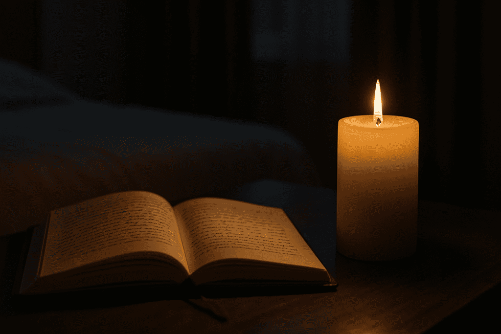 An open leather journal and a softly glowing candle rest on a dark wooden surface, surrounded by dim, warm lighting. The tranquil composition evokes introspection and symbolizes the therapeutic benefits of cognitive behavior training and self-awareness practices.