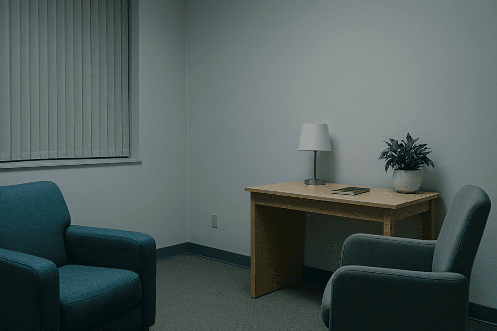A minimalist therapy room features a single blue armchair and a clean wooden desk under soft fluorescent lighting. The calm, uncluttered setting visually reinforces the structured and supportive environment where cognitive behavioral strategies are taught and practiced.