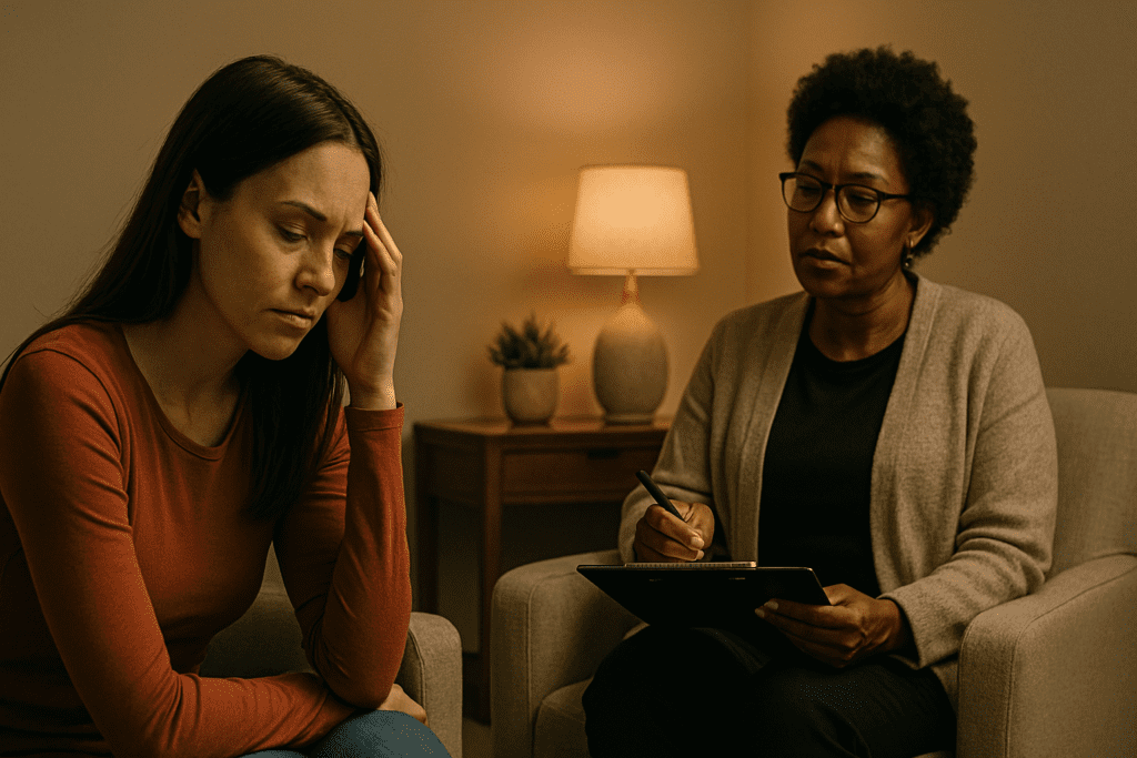 A woman in a rust shirt sits pensively across from her attentive therapist in a warmly lit room. The body language and engaged expressions clearly depict an active therapy session, visually illustrating the role of guided CBT in building mental resilience and emotional well-being.