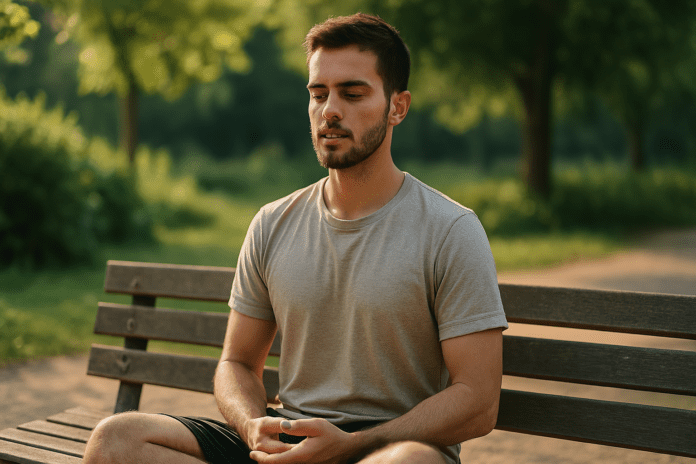 A young man sits cross-legged on a wooden park bench during golden hour, meditating with a focused yet peaceful expression. Surrounded by lush greenery and soft natural light, the outdoor scene visually reinforces how focused attention meditation can help improve concentration and promote long-term brain health.